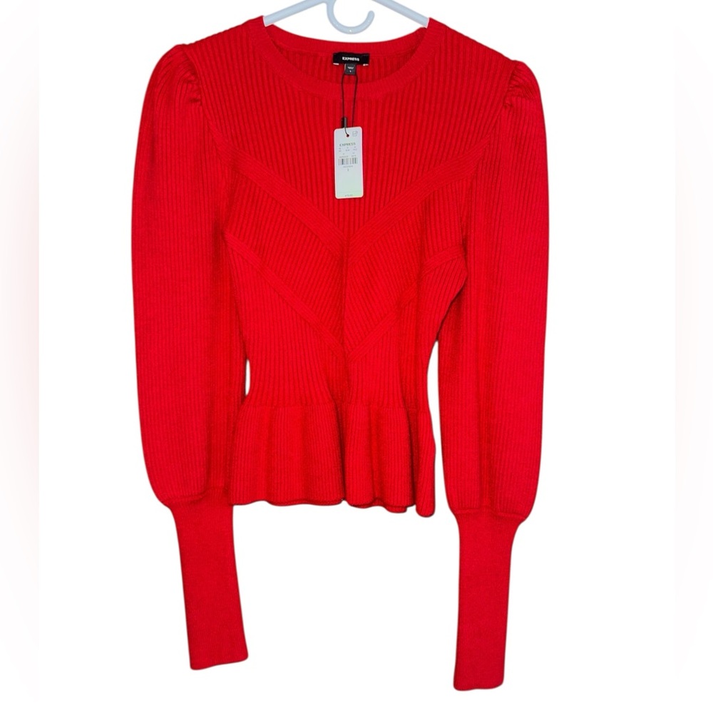 Express Vibrant Red Ribbed Peplum Sweater
